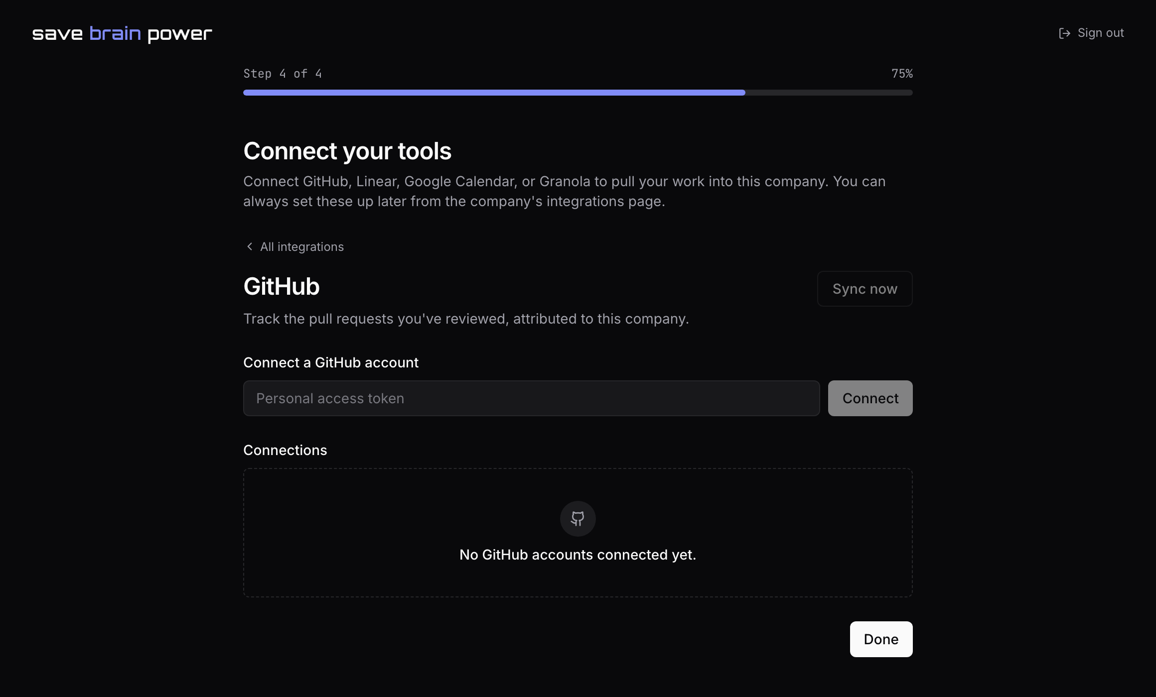 The GitHub connect screen with the token field