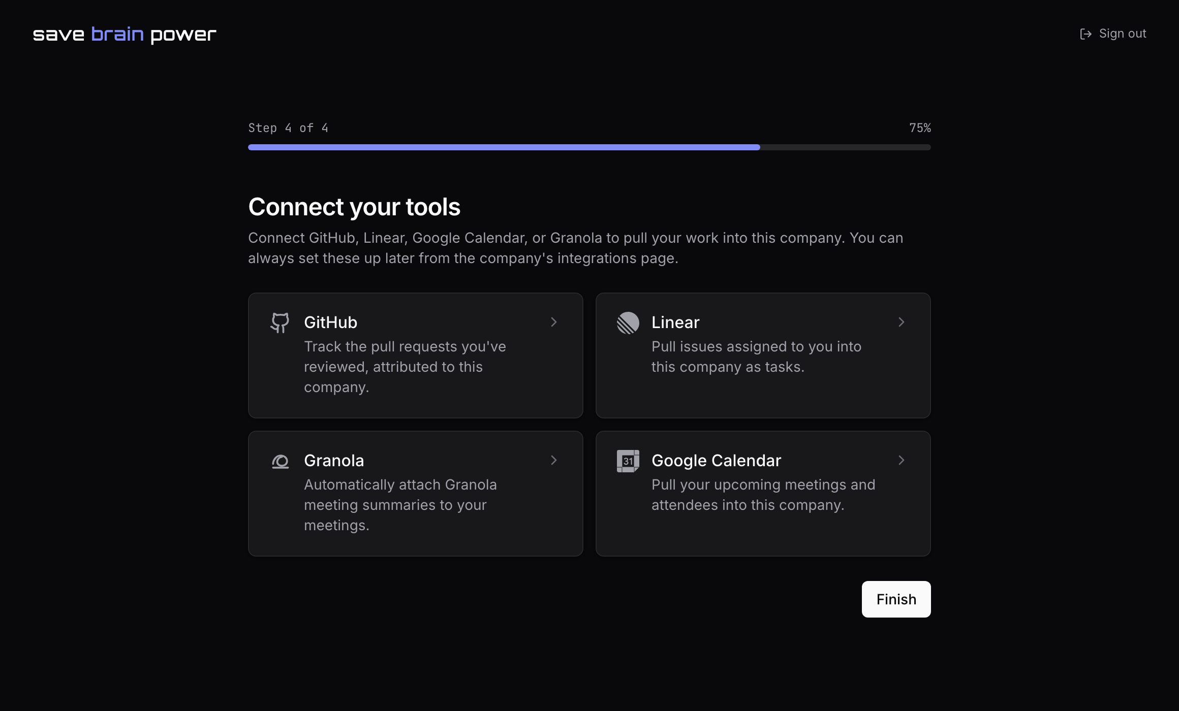 The integrations page for a company