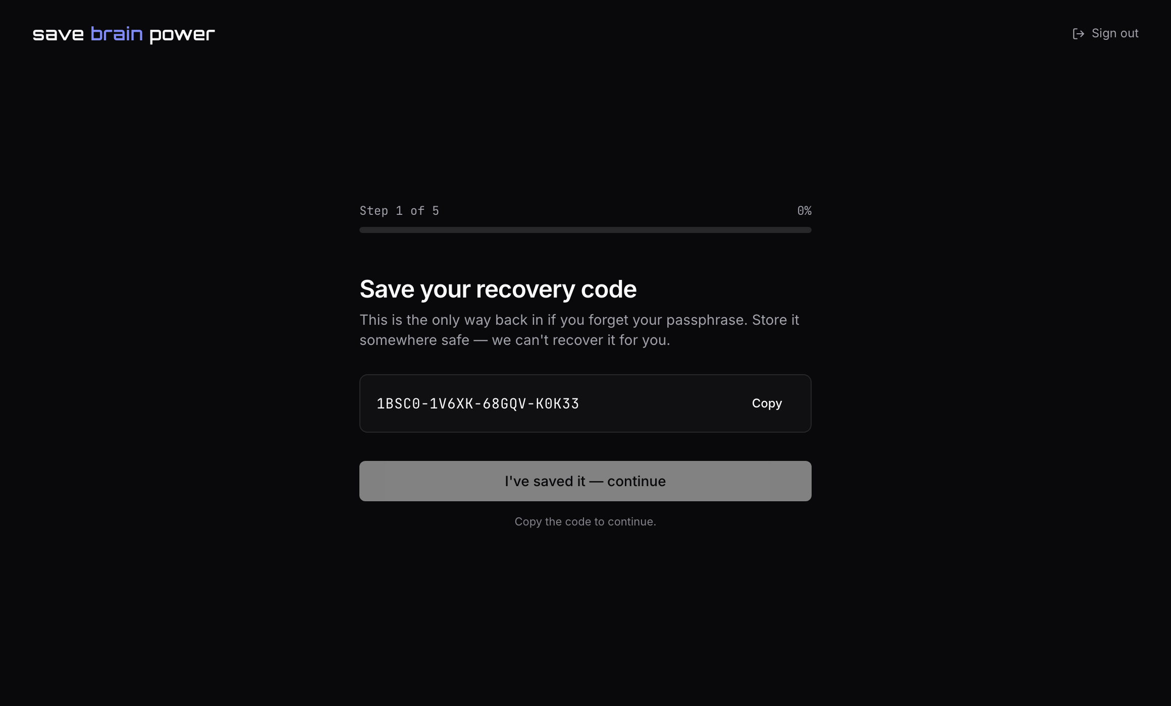 The recovery code screen with the Copy button