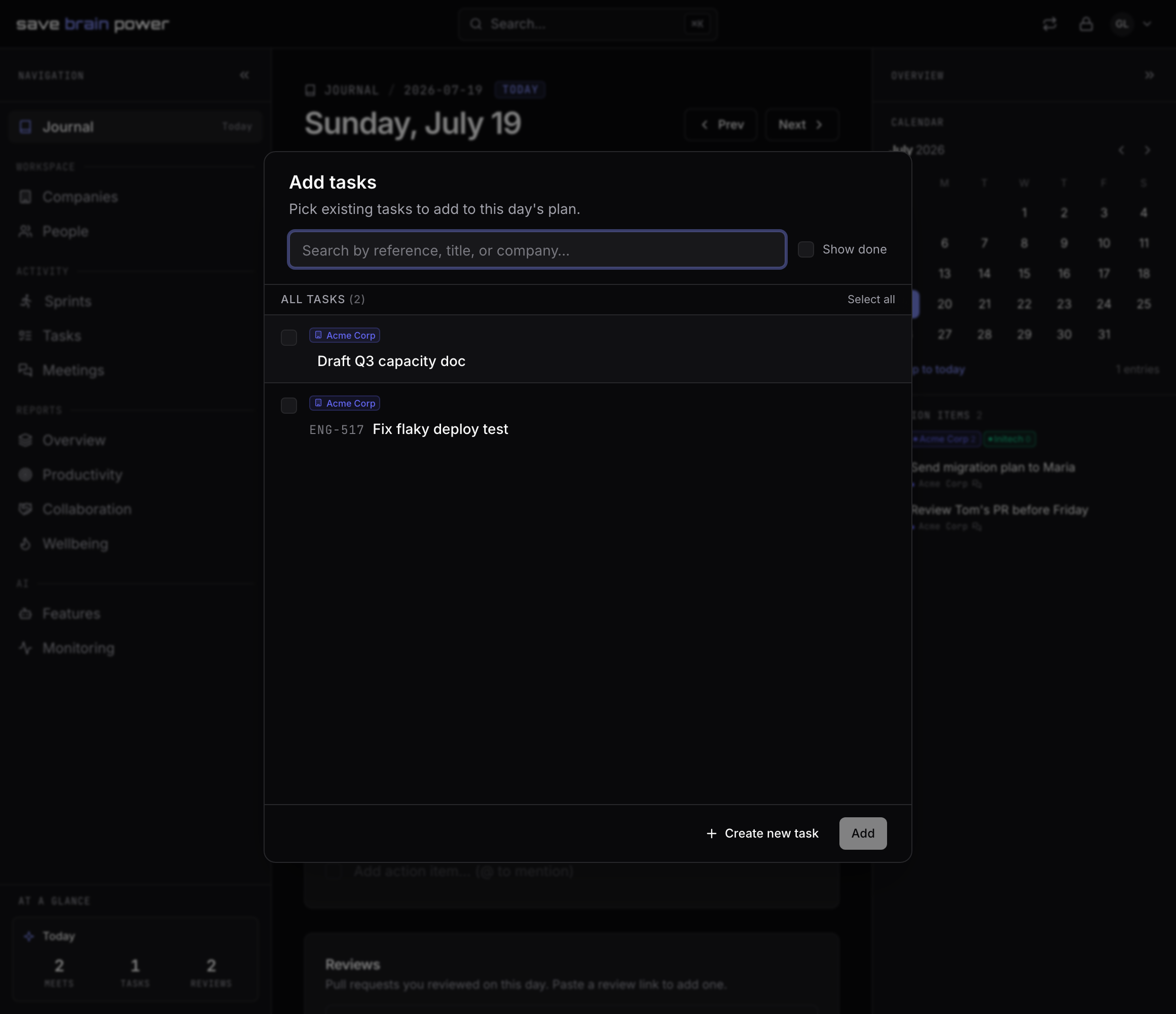 The add-tasks dialog