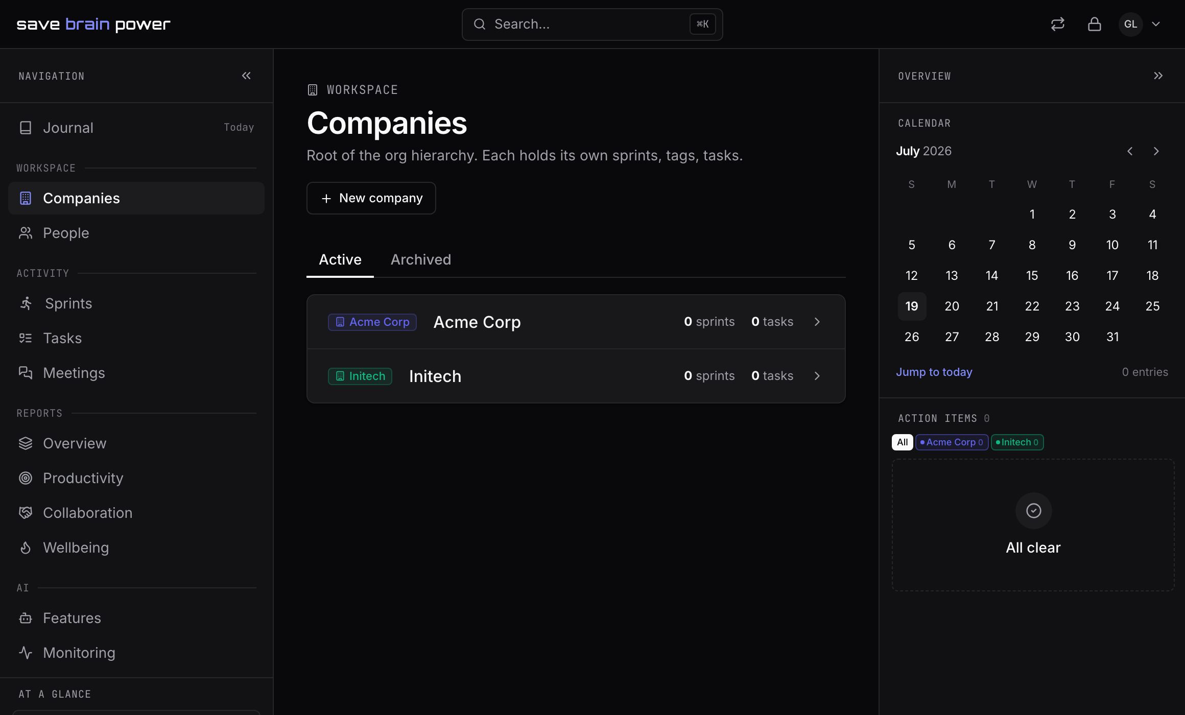 The Companies page with two companies