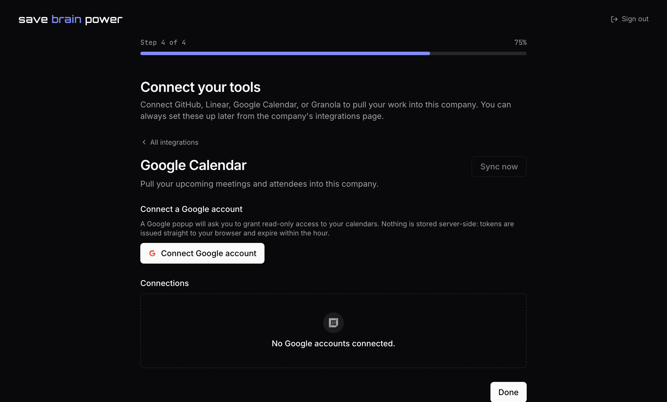 The Google Calendar connect card